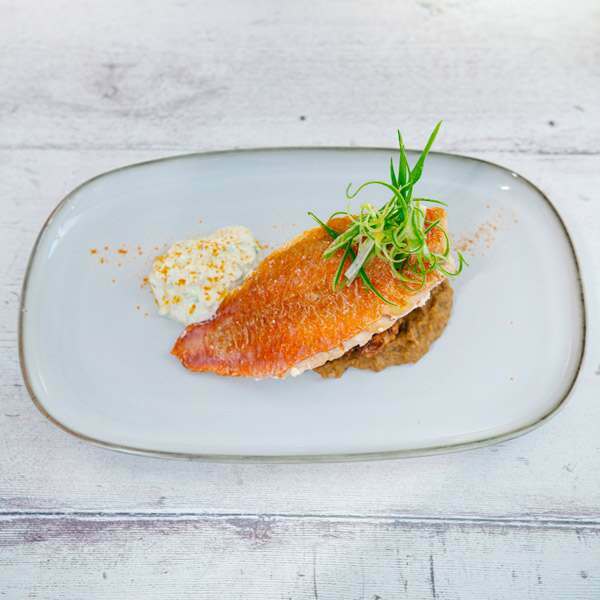 Red Mullet Fillets with a Coconut Lime Dahl, Root Vegetable Bhaji and a Mint & Cucumber Raita