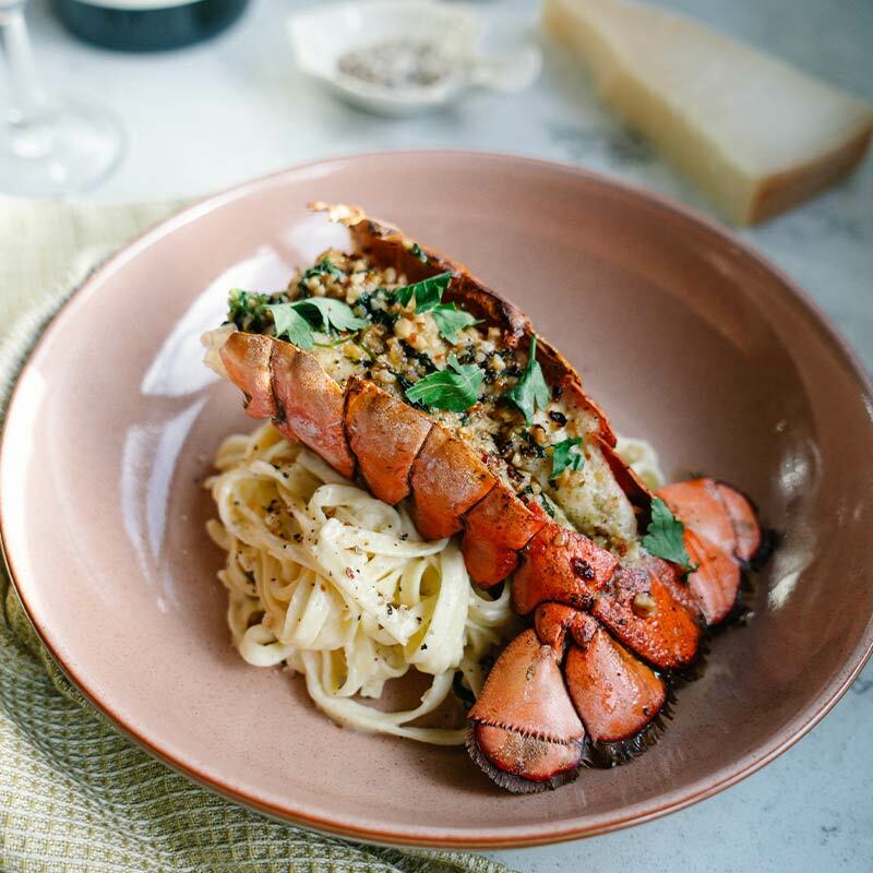 Creamy White Wine Linguine with Grilled Lobster Tails