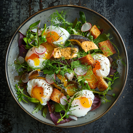 Smoked Mackerel salad with poached eggs & croûtons