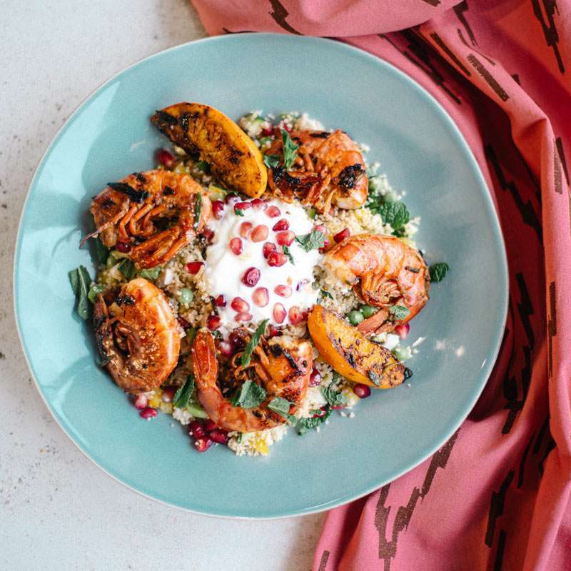 Moroccan Style Prawn Tails with Rainbow Salsa Couscous