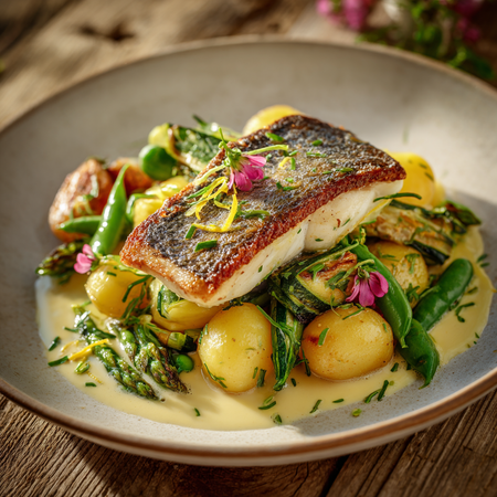 Pan-Seared Wild British Hake with Summer Vegetables & Herb Butter Sauce