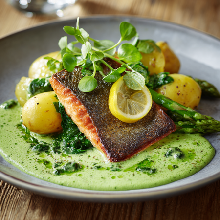 Pan-Seared Chalkstream Rainbow Trout Fillet Steaks with Watercress Cream and New Potatoes