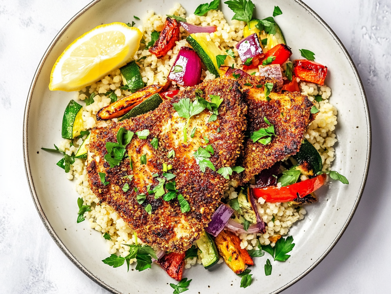 Spiced Wahoo with Warm Couscous & Roasted Veg