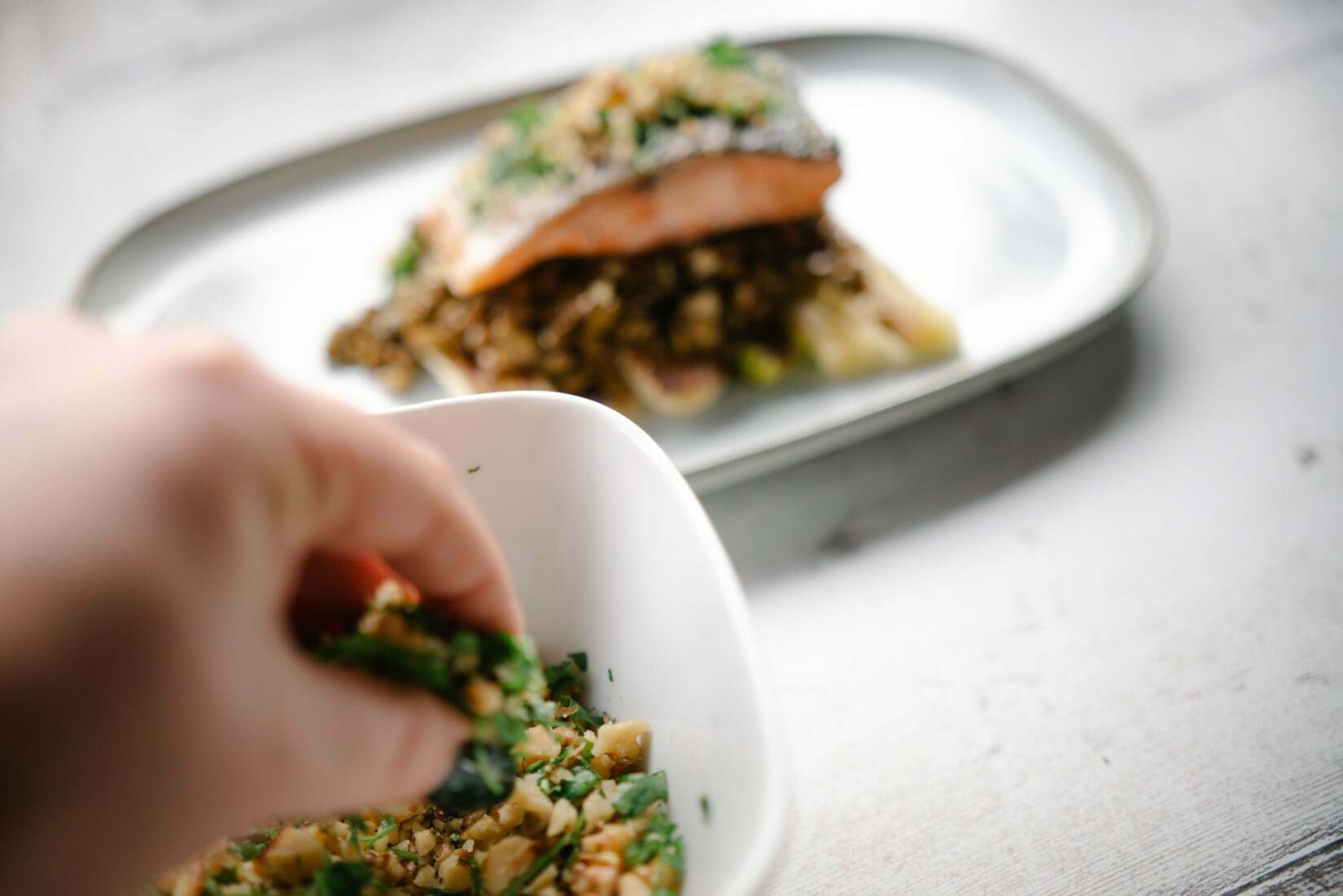 Roasted Salmon with Lentils and Braised Leeks