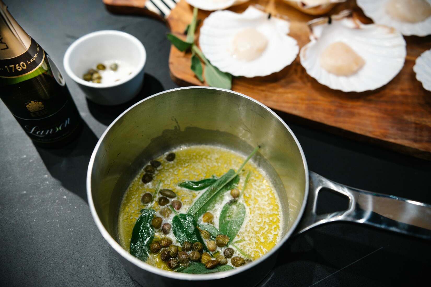 Scallops with Champagne Sage Butter and Crispy Capers