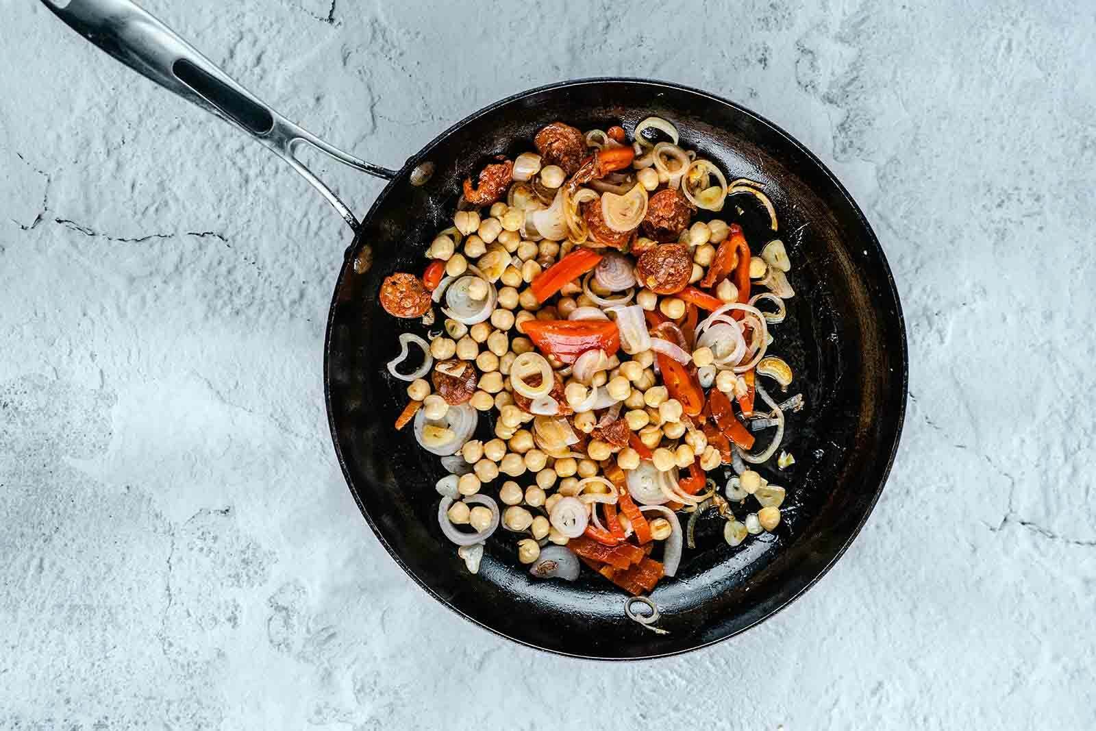 Wild Halibut fillet with chickpeas, peppers and chorizo