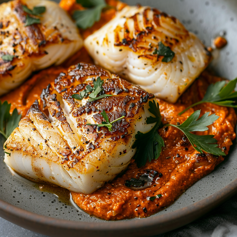 Spanish Grilled Cod with Almond Romesco Sauce