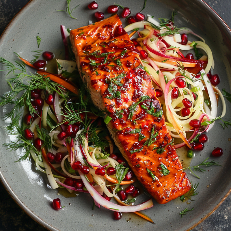 Sumptuous Pomegranate-Glazed Salmon with Aromatic Fennel Slaw