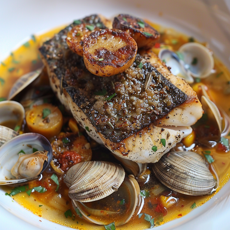 Crispy Herb-Crusted Sea Bass in Spiced Clam Broth