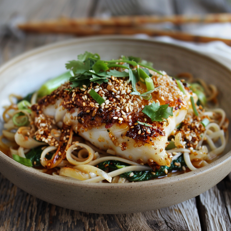 Asian Fusion Sesame-Crusted Cod with Aromatic Ginger Noodles