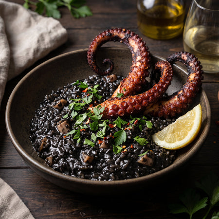 Black Squid Ink Risotto with Charred Octopus Tentacles