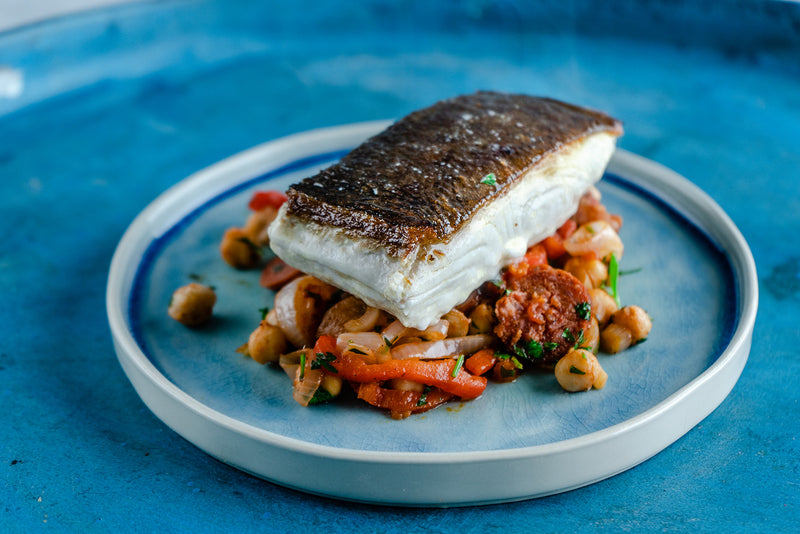 Wild Halibut fillet with chickpeas, peppers and chorizo