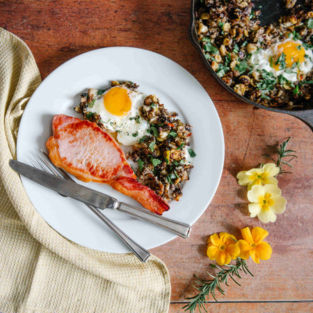 Toothfish, Corn & Black Pudding Hash, Bacon Chop