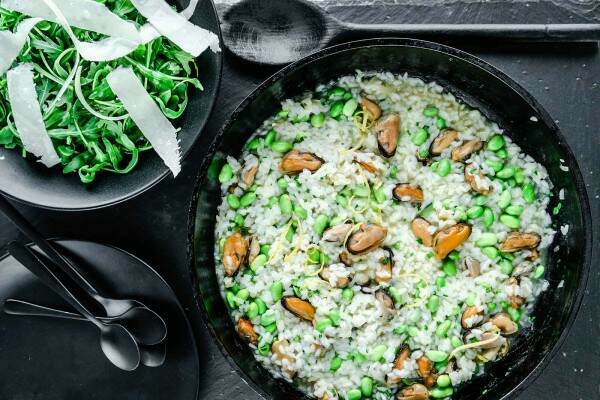Mussel risotto with edamame beans