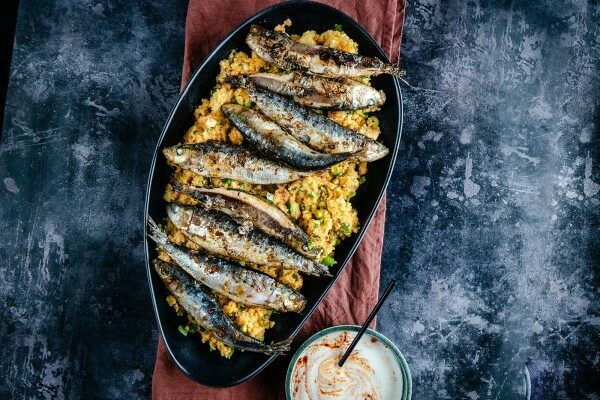 Ras-el-hanout Sardines with couscous and harrissa yoghurt