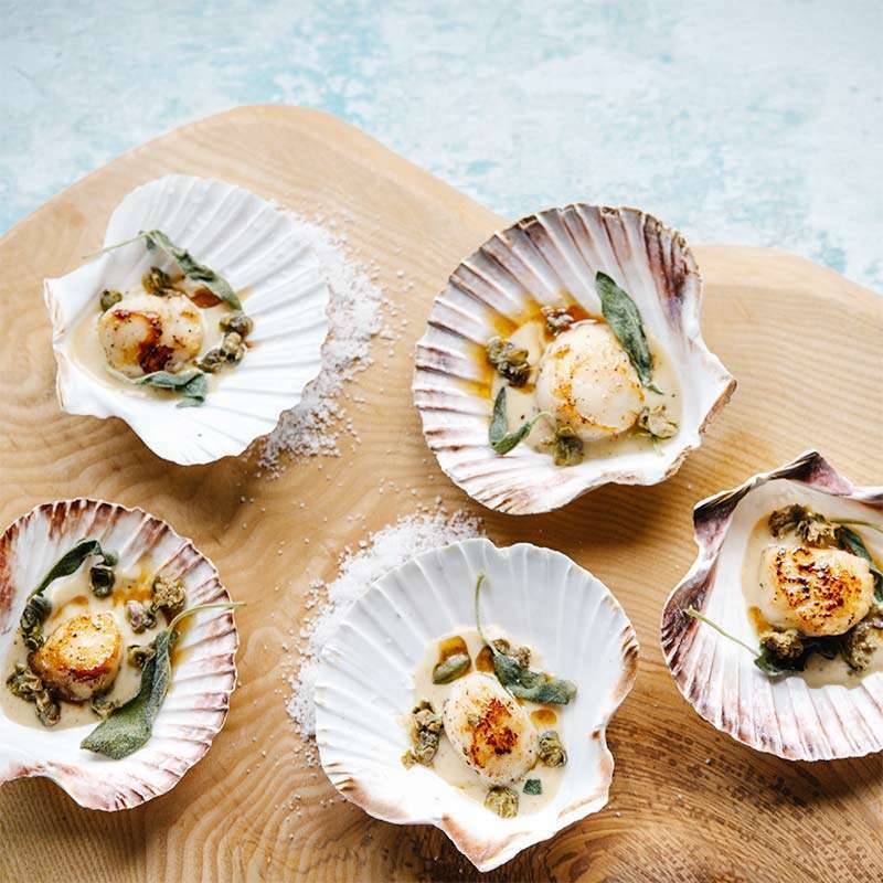 Scallops with Champagne Sage Butter and Crispy Capers