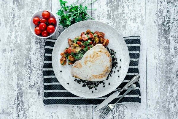 Swordfish Steaks with Puy Lentils and tomato pesto