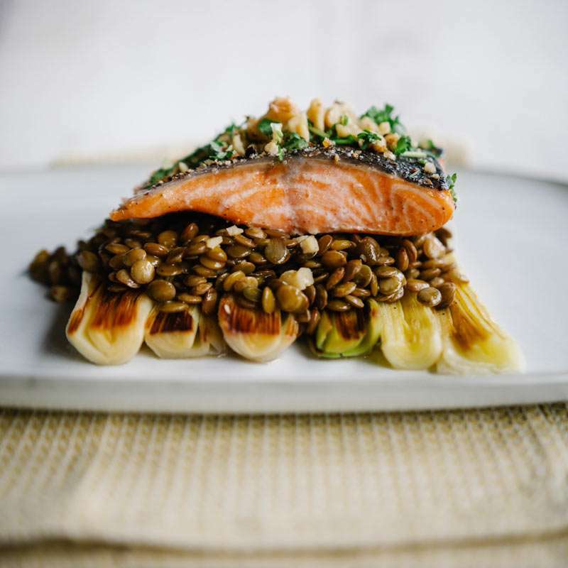 Roasted Salmon with Lentils and Braised Leeks