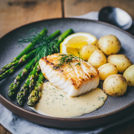 Pan-Seared Halibut with Dill Butter & Mustard Sauce