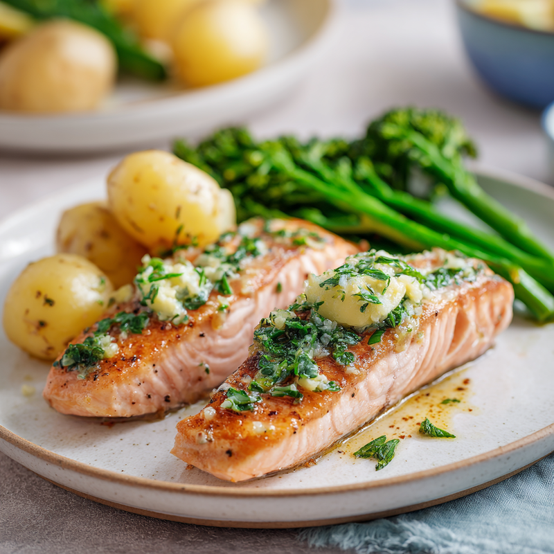 Organic Scottish Salmon Fillet Steaks with Herbed Butter, Crushed Potatoes & Lemon-Garlic Broccolini