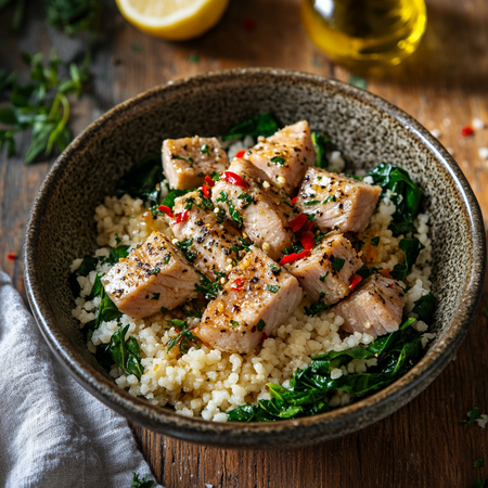 Garlic-Chilli Albacore Tuna Bites with Lemon Couscous & Wilted Greens