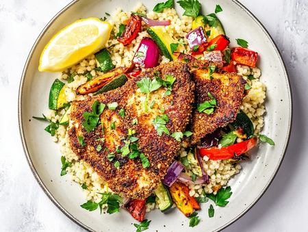 Spiced Wahoo with Warm Couscous & Roasted Veg