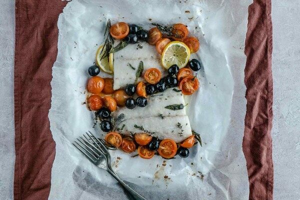 Mediterranean lemon sea bass en papillote