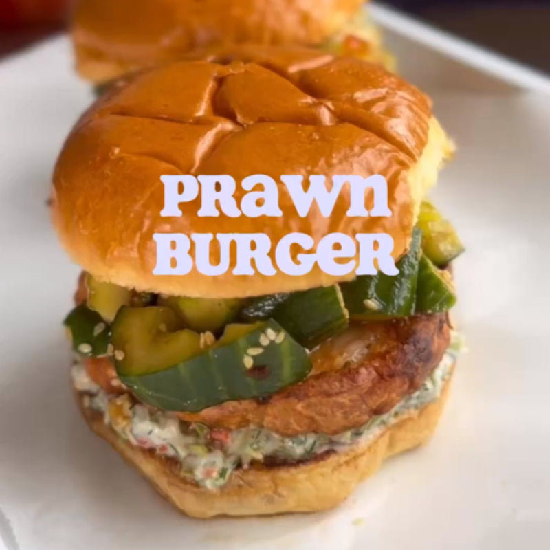 Brin Pirathapan’s Prawn Burger with Smashed Cucumber & Salmon Roe Salad & Asian Tartar Sauce