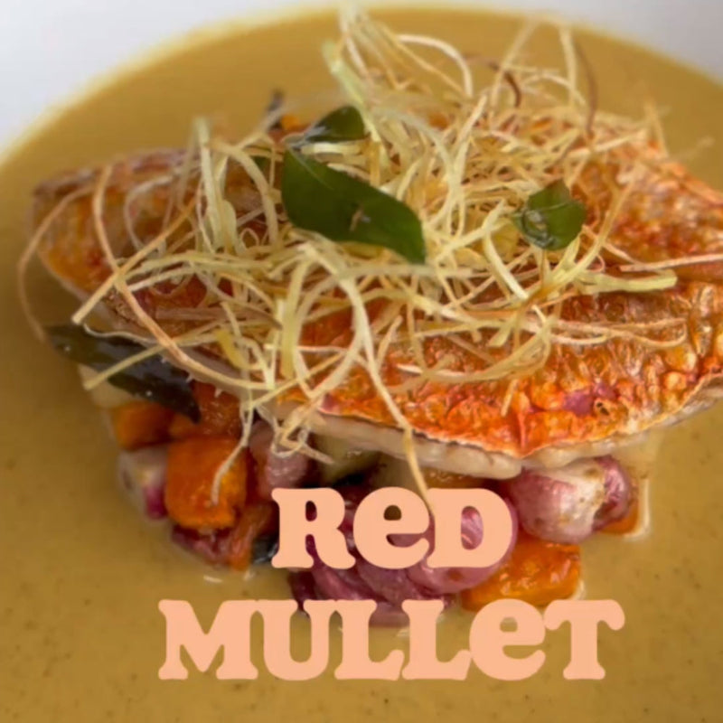 Brin Pirathapan's Butterfly Red Mullet with Roasted Winter Vegetables, Curry Sauce & Crispy Leeks