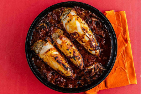 Pork and Paprika Stuffed Squid Baked in a Tomato and Chilli Sauce