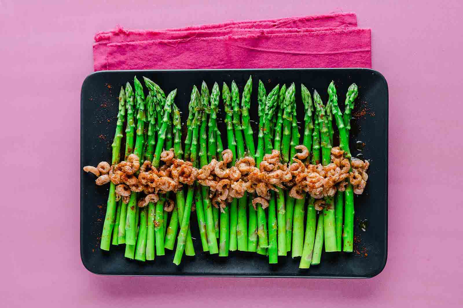 Spiced brown shrimp butter with asparagus