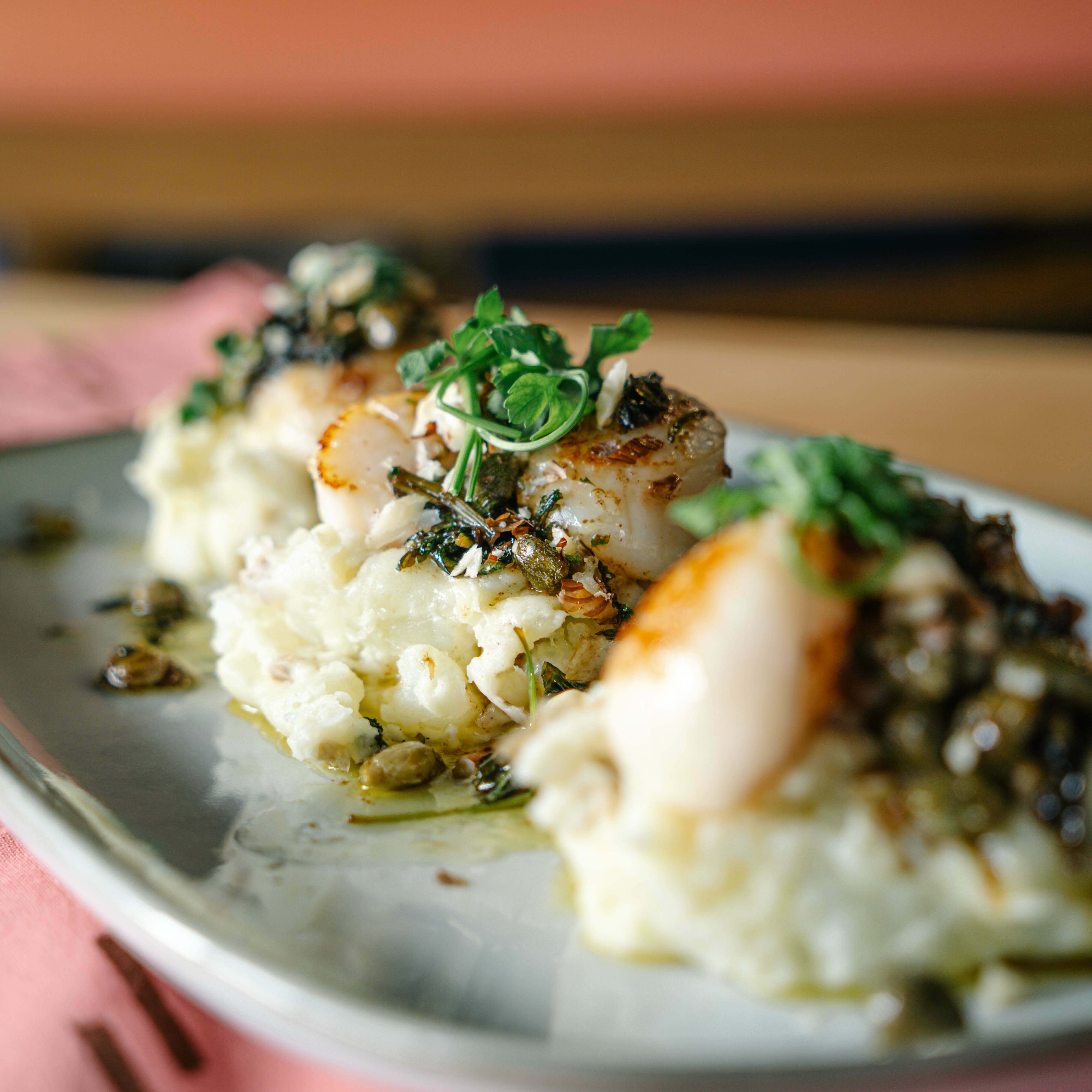 Pan-Fried Scallops with a Brown Butter Sauce & Chunky Mash
