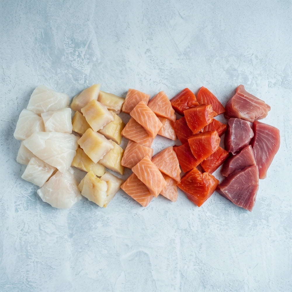 Mixed fish misshapes Taster: five vacuum packs, one each of cod, smoked haddock, Atlantic salmon, wild sockeye and yellowfin tuna