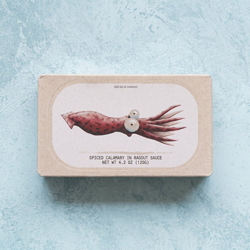 José Gourmet spiced calamari in ragout sauce, 120g tin