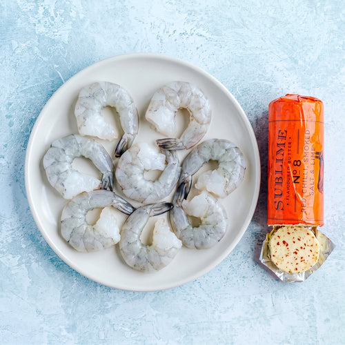 Chilli Butter King Prawns - XXL raw king prawns with red chilli, smoked salt and lime butter - The Fish Society