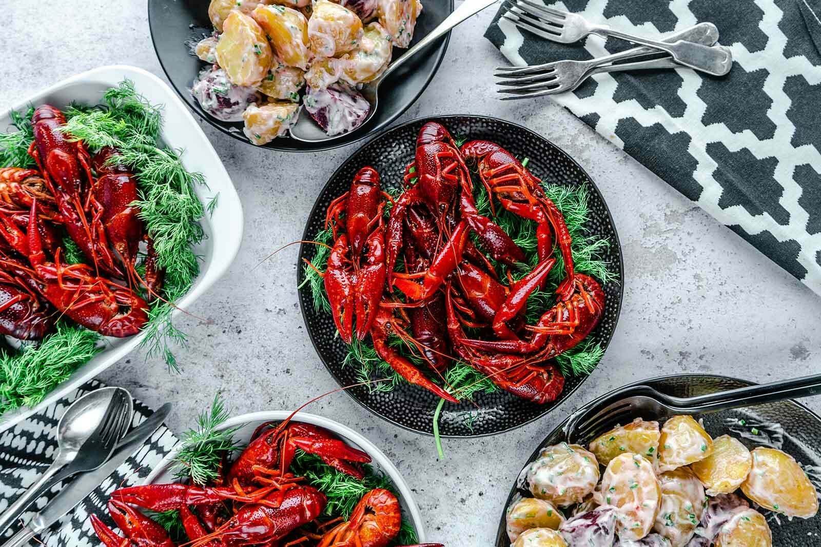 Crayfish party style with beetroot and potato salad