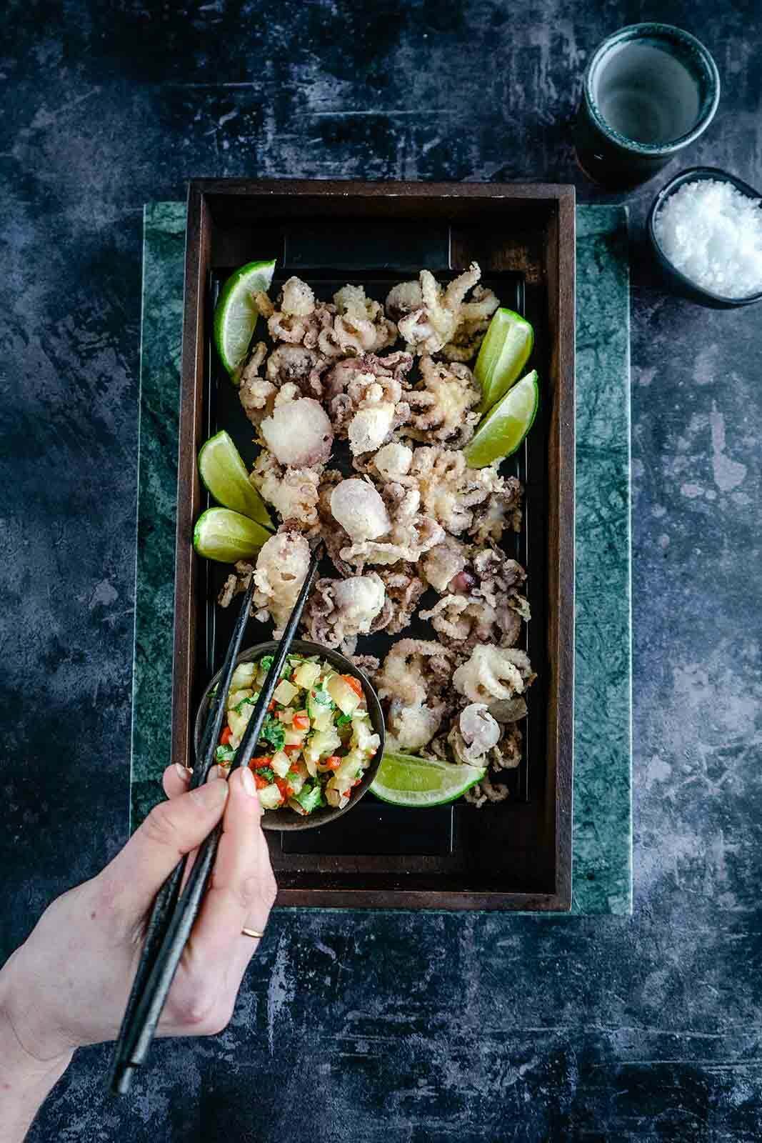Crispy baby octopus with chilli and pineapple salsa
