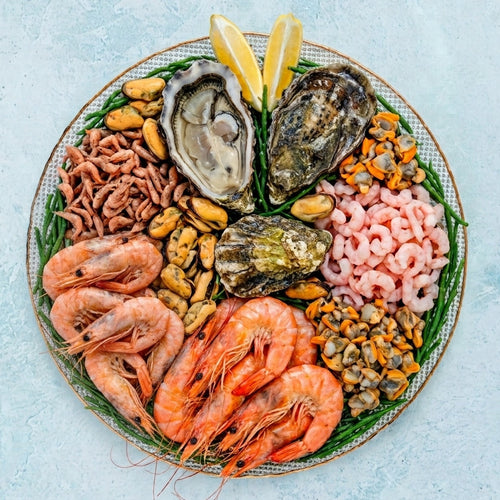 Shellfish platter for two with prawns, crevettes, brown shrimp, cockles, mussels and oysters on ice
